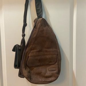 LL Bean brown leather back purse with accessories